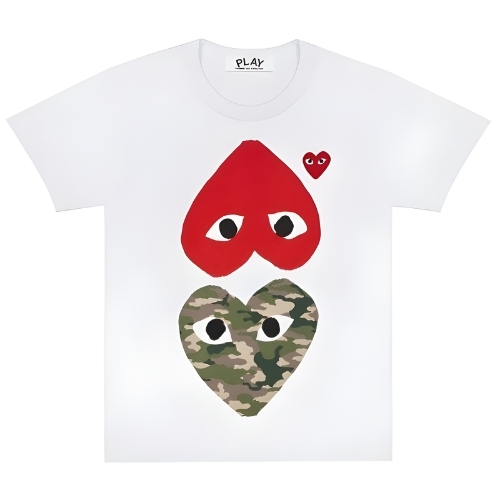 CDG Play Camo Printed Mirror Hearts T-Shirt White